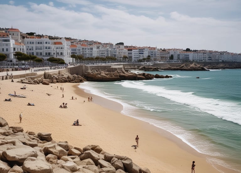 A serene beach scene at sunset in Portugal.