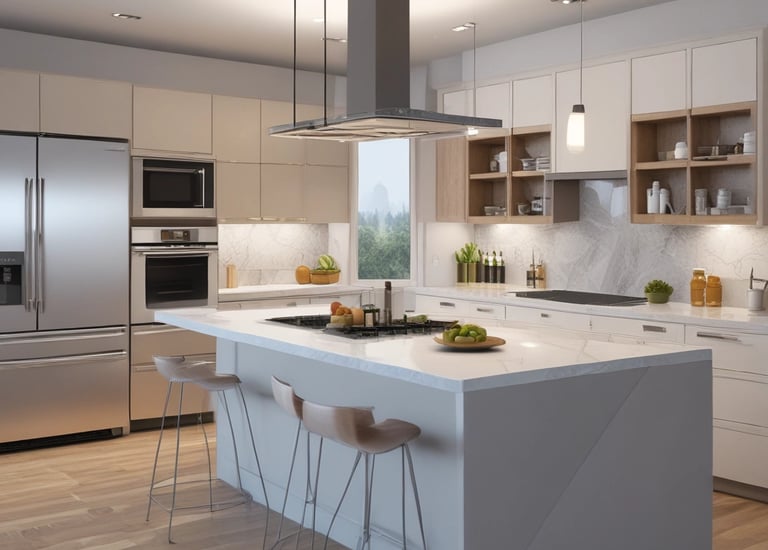 A cozy kitchen renovation with warm lighting and updated cabinets.