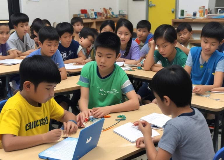 Volunteers teaching a group of eager students using laptops in a bright classroom.