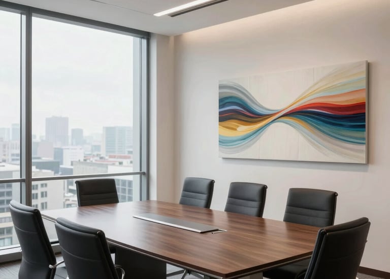 A sleek office boardroom featuring a large Toronto cityscape acrylic print on the main wall.