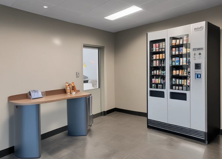 Children happily choosing snacks from a colorful vending machine at a community center.