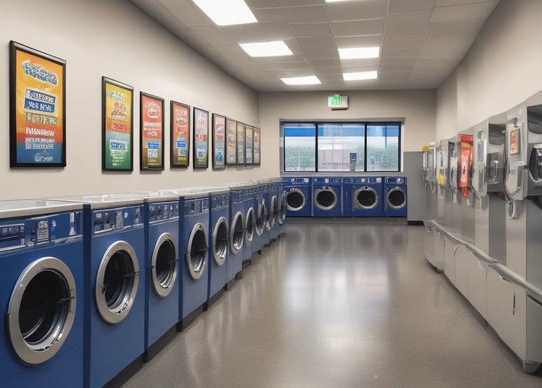 A vending machine stocked with drinks and snacks inside a busy laundromat.