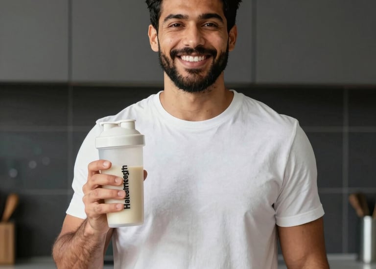 Fitness influencer preparing a healthy halal protein snack in a clean kitchen.