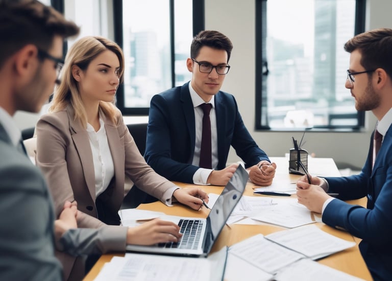 A team collaborating over financial documents in a modern office.