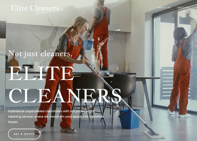 snapshot of a website homepage for a cleaning service with 3 people cleaning in the background