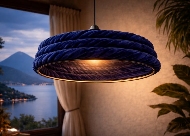 Moderna lámpara colgante de terciopelo azul marino que cuelga en una habitación con una pintoresca