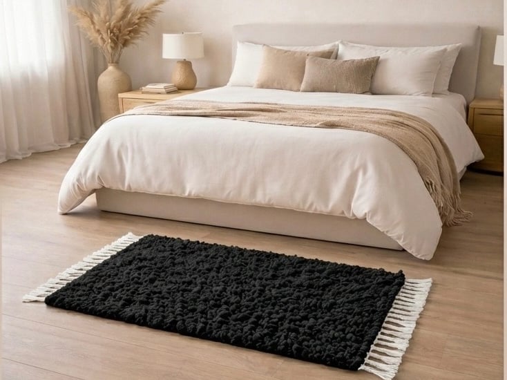 Alfombra de pelo largo con textura negra y flecos blancos sobre en una habitación 