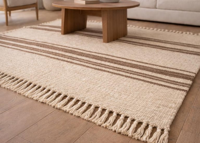 Alfombra de rayas neutras tejida a mano con flecos en un ambiente de sala de estar minimalista