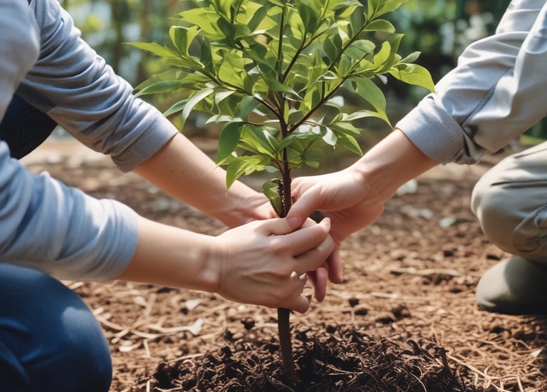 Calm office environment with green plants and wooden furniture