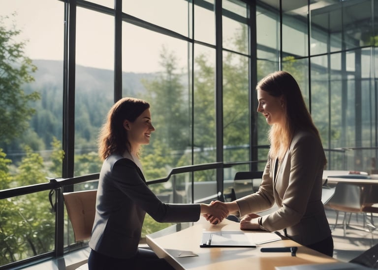 Close-up of hands shaking over a contract with shipping crates in the background