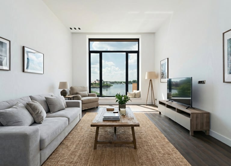 Modern minimalist living room with grey sofa and large window overlooking a scenic lake.