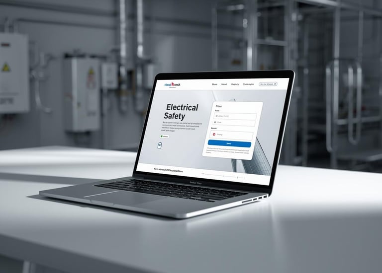 Laptop displaying an electrical safety webinar in an industrial manufacturing facility background.