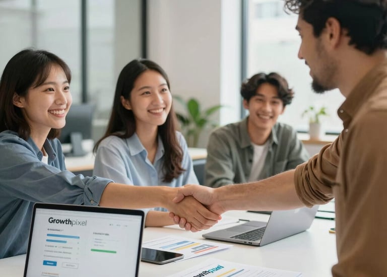 Photo of a happy client shaking hands with a GrowthPixel team member after project completion.