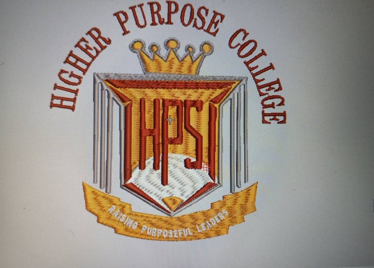 Embroidered logo for Higher Purpose College featuring a gold crown and shield with the HPC initials.