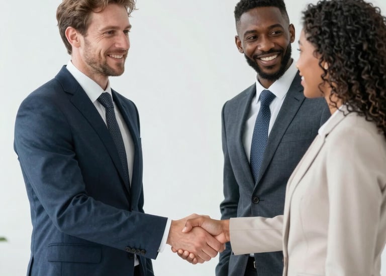 A group of Franco-Gambian delegates warmly shaking hands during a cultural exchange event.