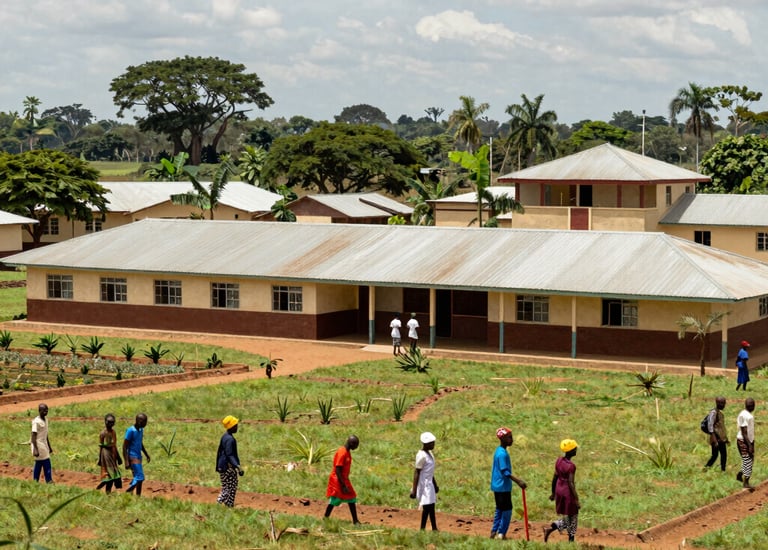 Community members collaborating on a sustainable development project in a Gambian village.