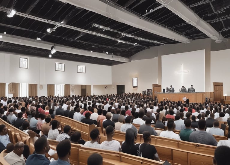 A vibrant group of church members gathered in joyful worship inside the Empowerment Center.
