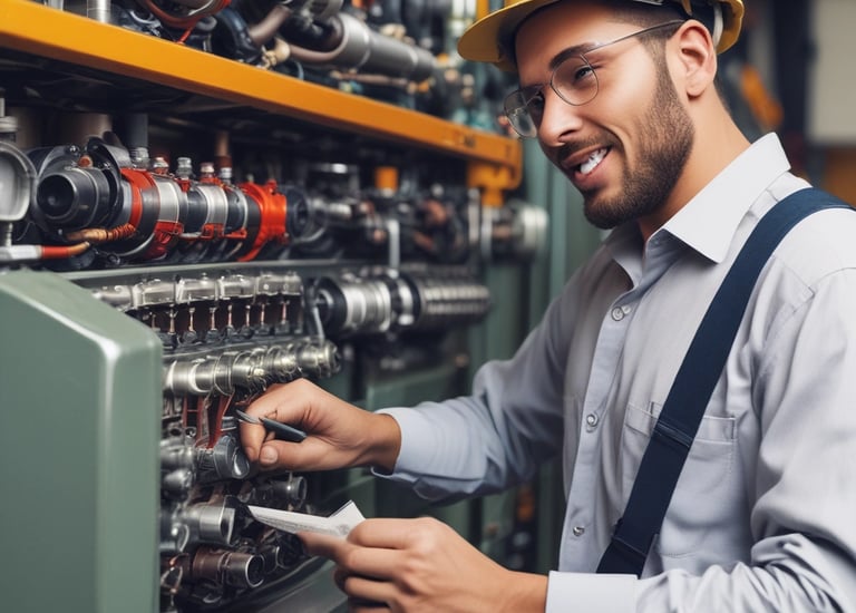 Technician adjusting conveyor belt controls in an industrial setting.