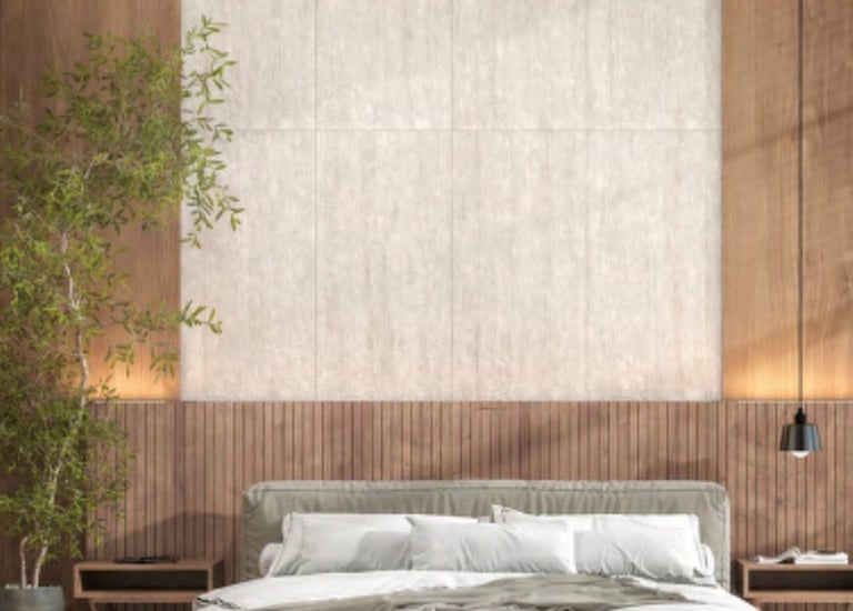 Mystical Virtue Crema, Rectified porcelain tiles, Minimalist bedroom with accent wall