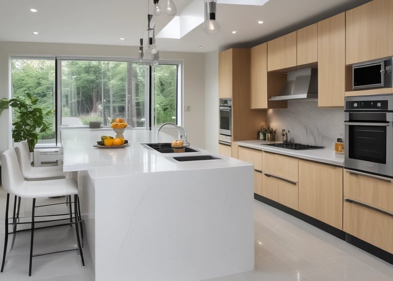 A beautifully renovated kitchen with modern cabinetry and warm lighting.