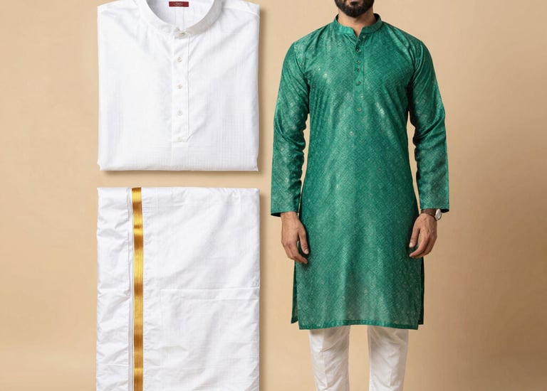Classic men's kurta displayed on a wooden hanger with soft natural lighting