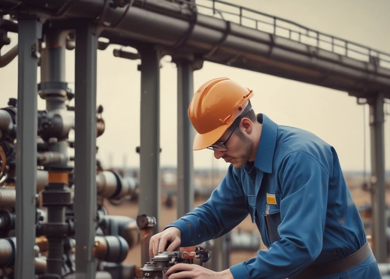 Close-up of heavy machinery operating on an oil site at sunset.