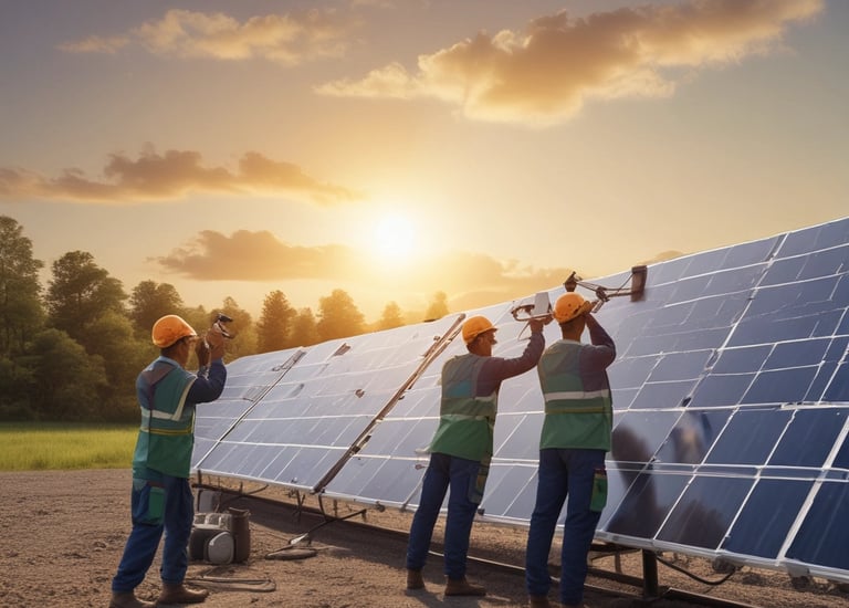 Solar panels installed on a rooftop under a clear blue sky.