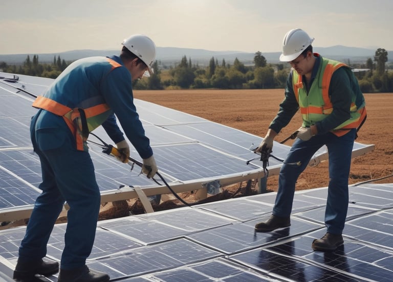 Technicians monitoring solar energy systems on a sunny day.