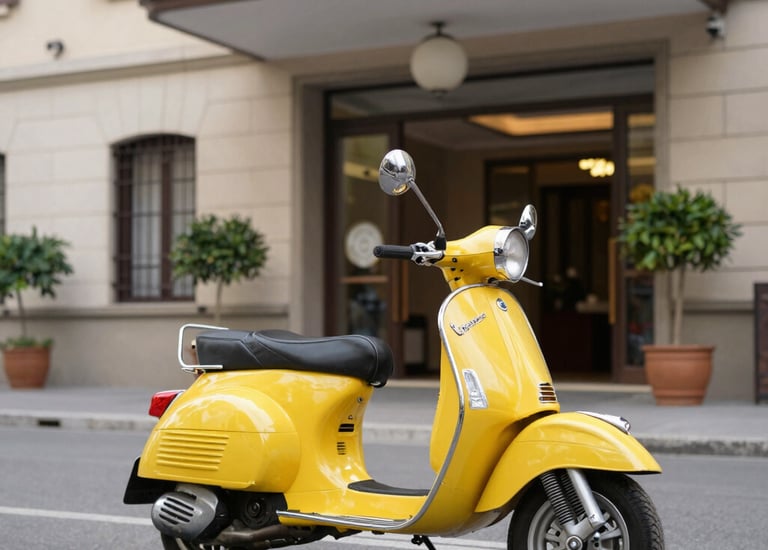 Close-up of a sleek electric vespa’s vintage design details.