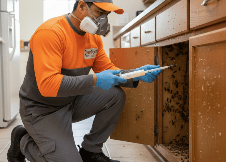 Professional pest control technician applying cockroach gel bait inside a kitchen cabinet to eliminate infestation.