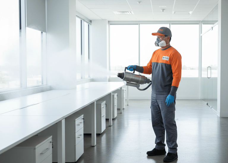 Professional commercial cleaning technician using a fogger machine for office disinfection services.
