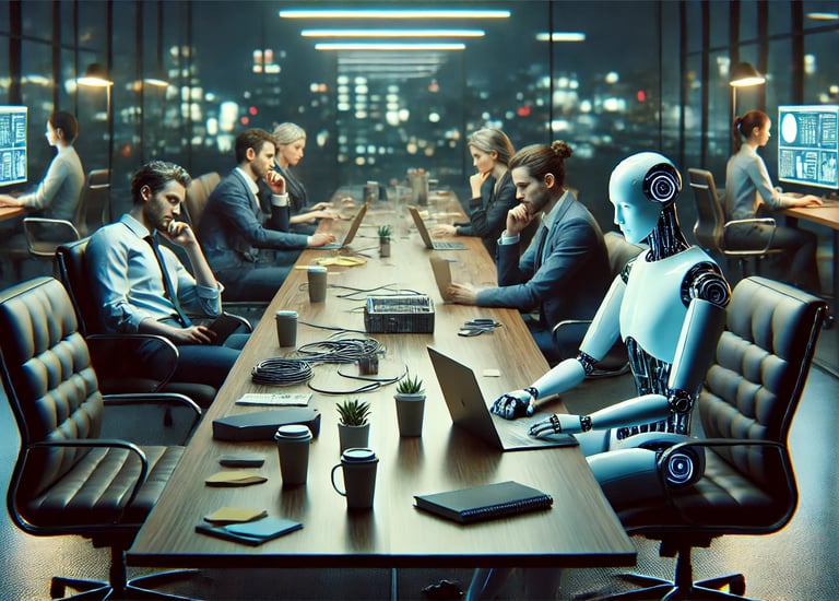 a robot suit sitting at a table with a robot