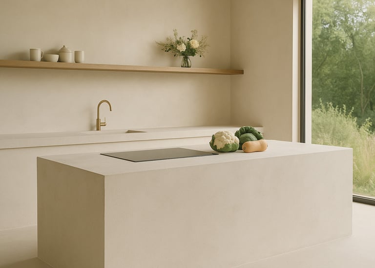 Cuisine moderne avec îlot enduit en Stucco Latte couleur pierre