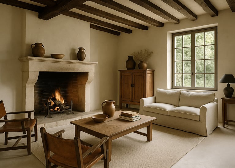Sol en stucco minéral blanc avec tapis en sisal dans un salon contemporain