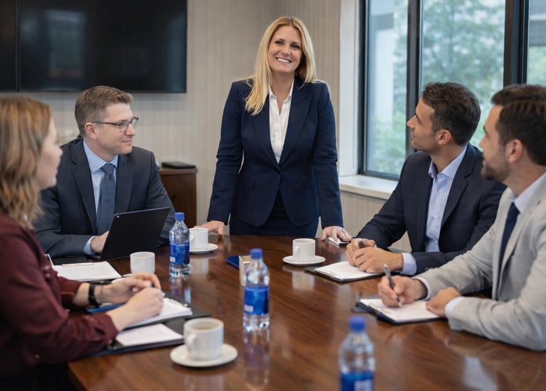 A smiling blonde businesswoman leading a corporate board meeting with professional colleagues in a conference room.