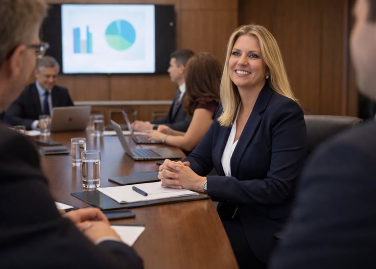 A professional business woman smiling during a corporate boardroom meeting with data charts.
