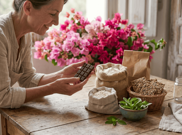 Mujer madura feliz de comer chocolate sin azucar, harina de alemdras y variedad de productos iguales