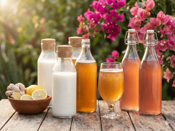 Botellas con kefir y kombucha