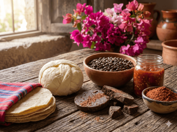 variedad de productos regionales chiapanecos,  quesillo, café, tascalate, chocolate, tortillas y salsa