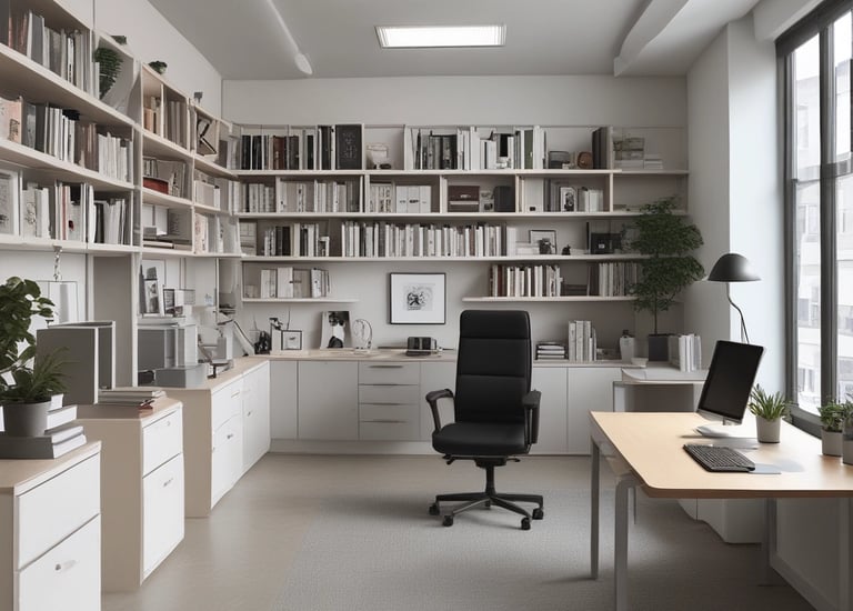 Office space with a cleaner vacuuming the carpet near desks.