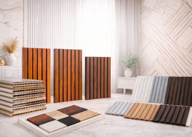 Modern fluted WPC wall panel samples in various wood finishes for interior home decor.