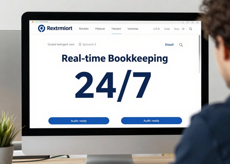 Bookkeeper reviewing payroll and financial reports on dual monitors.