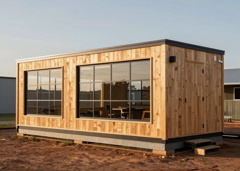 A wide-angle shot of a custom modular timber site office with large windows, installed in a South African commercial yard, showcasing professional modern craftsmanship.
