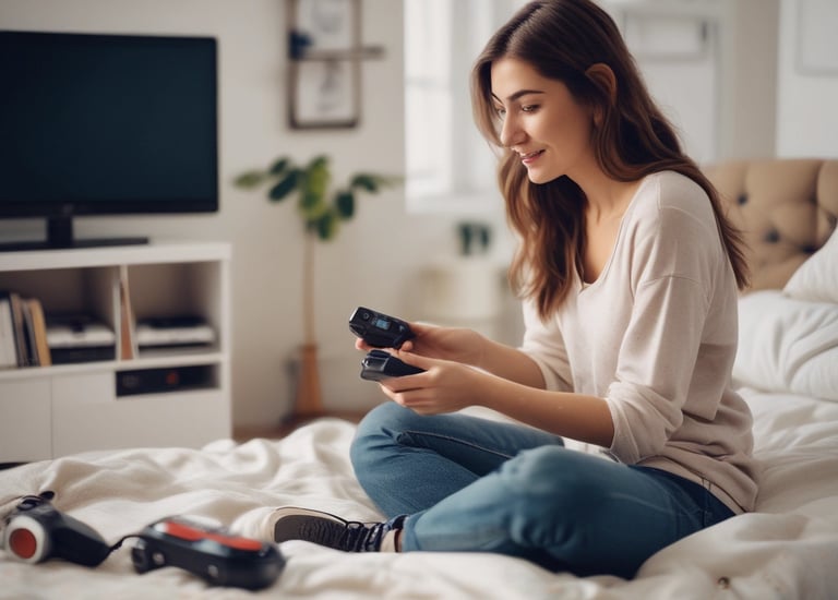 A subtle background image of a shopper happily using a laptop with promo codes on screen.