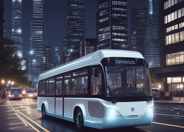 A modern autonomous shuttle navigating through a bustling futuristic downtown.