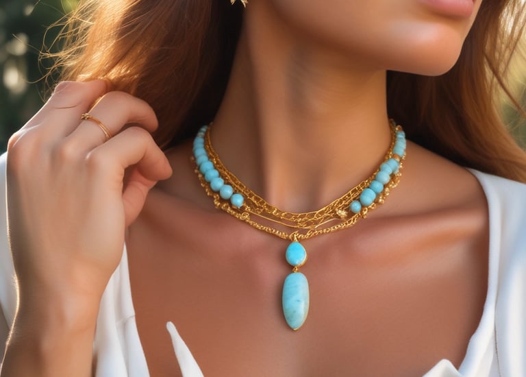 Mujer que lleva un collar de oro y turquesa en capas con un colgante de piedra preciosa a juego.