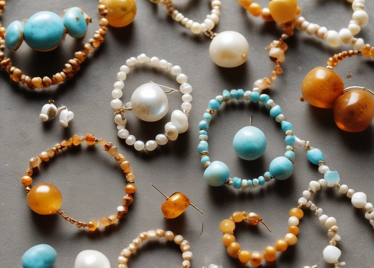 Joyería artesanal hecha a mano con collares y aretes de cuentas de turquesa, ámbar y perla.