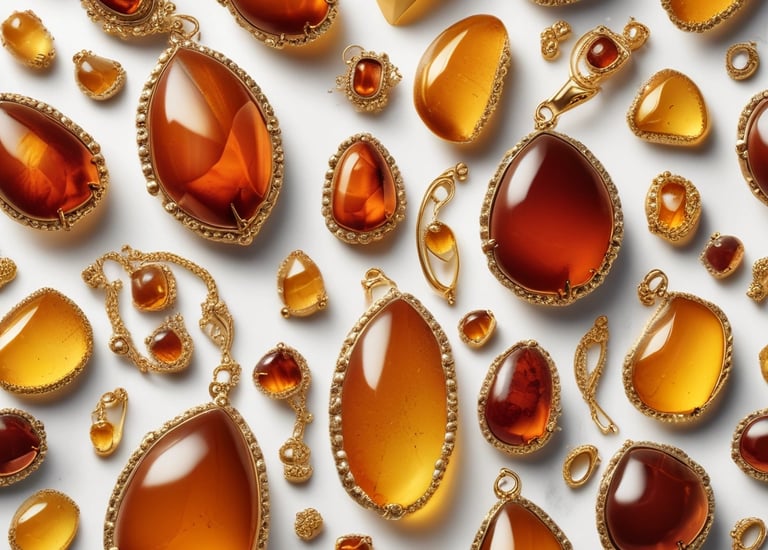 Colección de joyas de piedras preciosas de ámbar dorado que incluye colgantes en forma de lágrima.