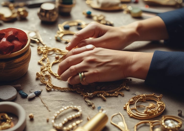 Manos de joyero ordenando collares de oro hechos a mano y joyas vintage en una mesa de taller.
