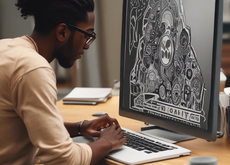 Close-up of a designer sketching bold logo concepts with red and gold accents.